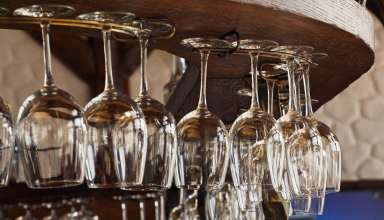 Wine glasses hanging upside down