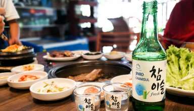 People eating and drinking in Korean restaurant