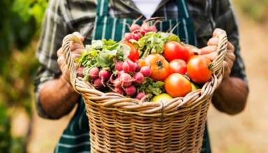 A man holding a basket of fresh vegetables