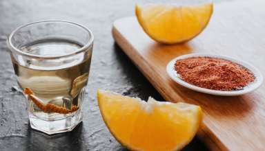 Mezcal with chilli salt and agave worm